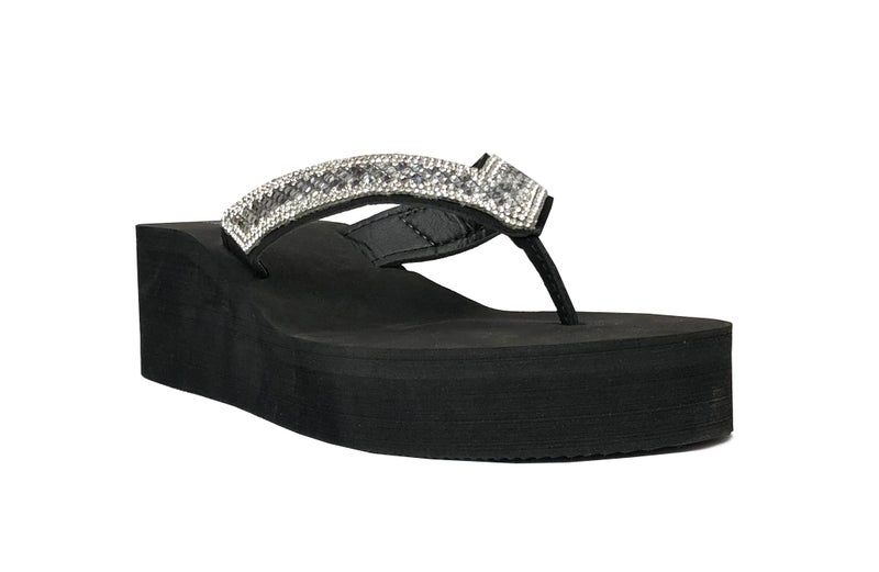REDVOLUTION New Women's Rhinestone Sandals Platform T-Strap Jewel Sandals High Wedge Flip Flops (Crystal [Black], Numeric_8) - Image 2